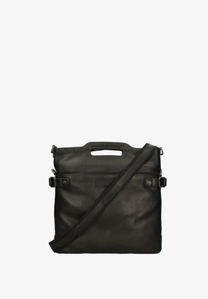 Borsa a tracolla in pelle nera con manico superiore ritagliato, tasca anteriore e tracolla regolabile.