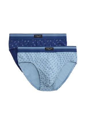 Dos pares de calzoncillos para hombre, uno azul claro con pequeños estampados florales en azul oscuro, y otro azul oscuro con pequeños estampados de veleros, ambos con cinturillas a rayas.