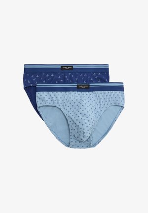 Dos pares de calzoncillos para hombre, uno azul claro con pequeños estampados florales en azul oscuro, y otro azul oscuro con pequeños estampados de veleros, ambos con cinturillas a rayas.