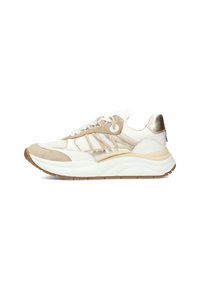 Leichte Sneaker in Creme und Beige, mit einer Mischung aus Leder und Wildleder. Robuste Sohle und metallische Akzente an der Ferse. Schnürdesign.