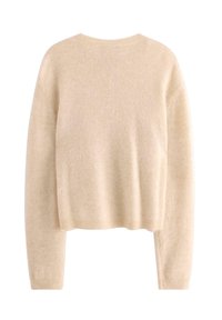 Beige strikket sweater med lange ærmer, rund halsudskæring og cropped længde. Blød tekstur og ribbet kantdetalje.