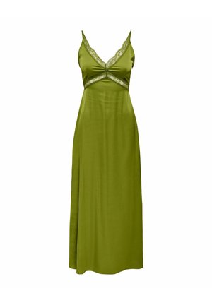 Camicia da notte in raso verde oliva con rifiniture in pizzo sullo scollo a V e sotto il seno, con sottili spalline e gonna lunga e fluente.