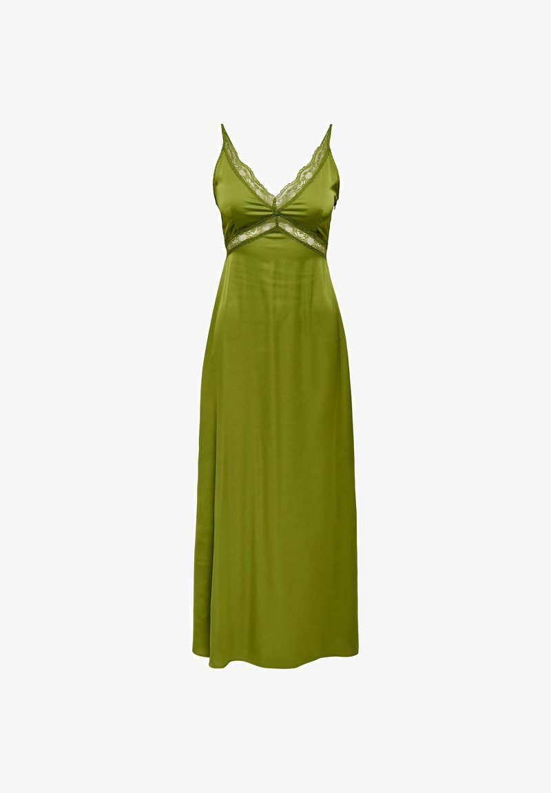 Nuisette en satin vert olive avec bordure en dentelle au décolleté en V et sous la poitrine, dotée de fines bretelles et d'une longue jupe fluide.