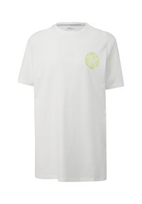 Witte katoenen t-shirt met korte mouwen en een ronde hals. Heeft een lichtgroene grafische print op de linkerborst met tekst.