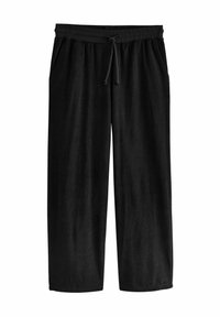 Pantalones de pijama de velour negro y suave con cintura ajustable, dos bolsillos laterales y diseño de pierna ancha. Textura lisa y color sólido.