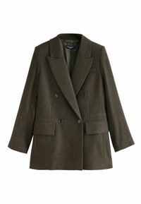 Brun uld dobbeltrækker blazer med spids lapel, to forlommer og sorte knapper. Glat tekstur med skræddersyet pasform.