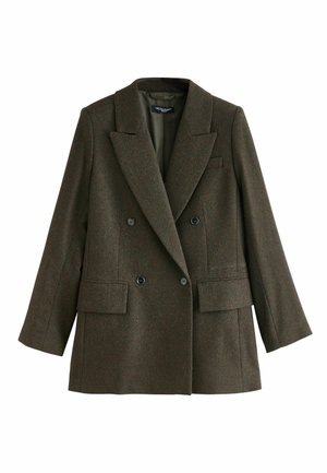 Brown wool double-breasted blazer with notch lapels, two front pockets, and black buttons. Smooth texture with tailored fit.