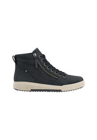 Baskets mi-hautes noires avec une surface texturée, dotées d'une fermeture éclair sur le côté, de lacets noirs et d'une semelle en caoutchouc beige contrastante avec un motif rainuré.
