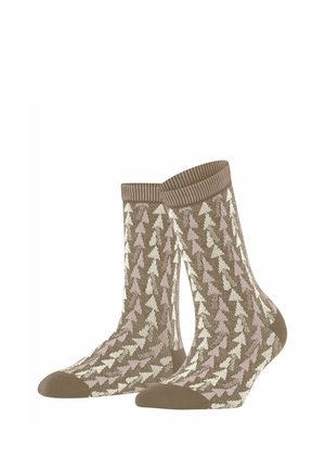 Paar braune und beige Socken mit gerippten Bündchen und einem Muster aus kleinen, stilisierten Bäumen, das den Stoff bedeckt.