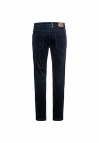 Donkerblauwe corduroy broek met een rechte pasvorm, voorzien van twee achterzakken en een leren label in bruin op de tailleband.