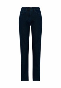 Vaqueros de denim azul oscuro con un diseño de pierna recta. Las características incluyen bolsillos frontales, un cierre de botón y un patrón de costura clásico.