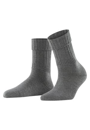 Calzini grigi fino alla caviglia con bordi a costine, realizzati in un materiale a maglia liscia. Presentano un colore uniforme con una delicata texture.