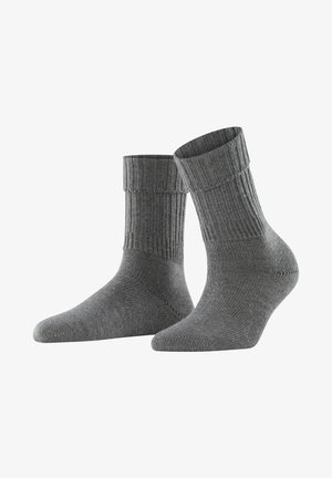 Gray ankle-length socks with ribbed cuffs, made of a smooth knit material. Features a solid color with a subtle texture.
