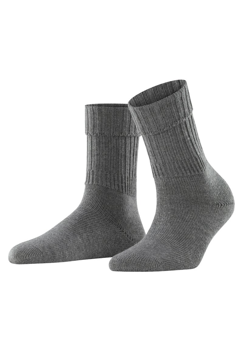 Calzini grigi fino alla caviglia con bordi a costine, realizzati in un materiale a maglia liscia. Presentano un colore uniforme con una delicata texture.