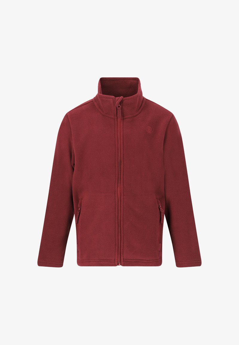 Rote Fleecejacke mit hohem Kragen, durchgehendem Reißverschluss und Seitentaschen. Weicher Stoff mit minimalistischem Design; mit einem Logo auf der Brust.