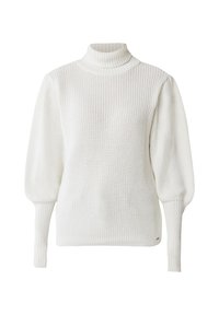 Pull blanc en maille avec col roulé côtelé, manches ballon et poignets côtelés. Présente un motif de point texturé.