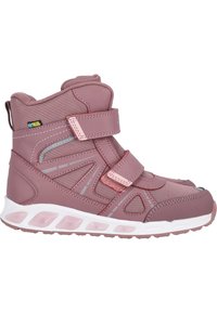 Roze sportieve schoenen tot de enkel van waterdicht materiaal, met klittenbandsluitingen, een gestructureerde stof en witte, gewatteerde zolen. Inclusief reflecterende accenten.