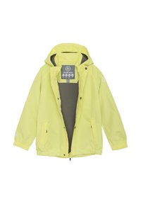 Gul vattentät jacka med huva, med en framtidsdragkedja, två sidofickor, elastiska manschetter och ett nätfoder. Logotyp på ärmen.