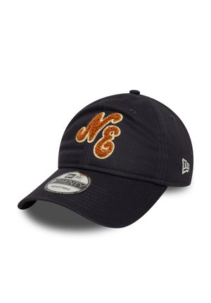 Black baseball cap with an adjustable strap, featuring a textured orange "NE" embroidered logo on the front and a branded sticker on the visor.