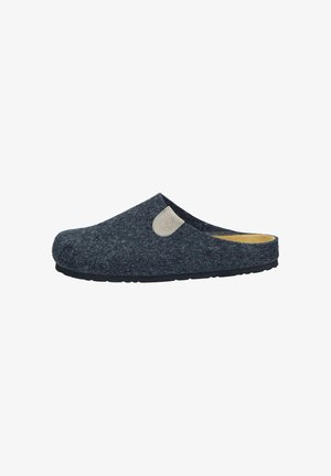 Wool felt clog in dark gray with a rounded toe, soft interior lining, and a light gray decorative accent on the side. Rubber outsole.
