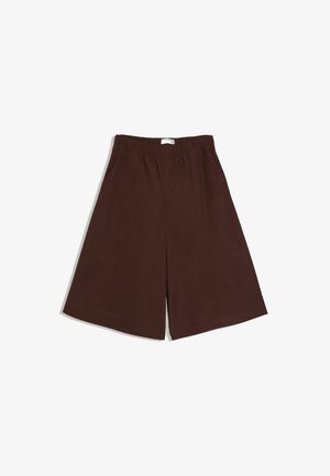 Brune vidde knælange shorts med elastisk talje og sidelommer lagt fladt på hvid baggrund.