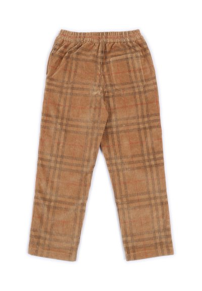 Pantaloni in velluto a coste con vita elasticizzata, caratterizzati da una base marrone e un motivo a quadri con linee arancioni e blu. Tessuto morbido e taglio dritto.