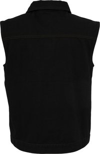 Chaleco sin mangas negro con corte recto, cuello y detalles de costura sutiles a lo largo de los bordes. Fabricado con un tejido resistente.