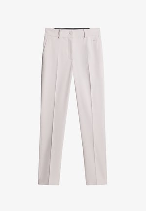 Lichtbeige op maat gemaakte broek met riemlussen, knoopsluiting aan de voorkant, zijzakken en subtiele plooien aan de voorkant.