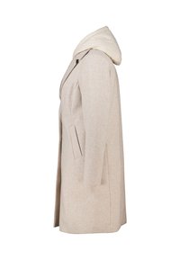 Beige wolmix jas met een licht gestructureerde silhouette, voorzien van een crèmekleurige capuchon, twee zijzakken en een soepele textuur.