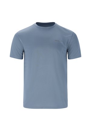 T-shirt bleu à manches courtes avec un col rond, fabriqué en tissu léger. Présente un petit logo dans une teinte plus foncée sur le devant.
