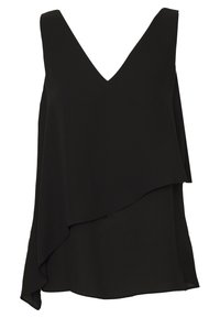 Svart ärmlös topp i lättviktsmaterial med en djup V-ringning och en asymmetrisk fåll med mjuka draperingar.