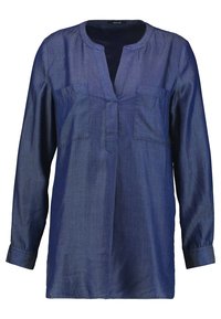 Camicia in denim a maniche lunghe, blu scuro, con scollo a V, due tasche sul petto e polsini con bottoni. Tessuto morbido e vestibilità rilassata.