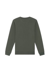 Olijfgroene sweatshirt met lange mouwen, ronde hals en ribgebreide manchetten. Gladde textuur en stiksel-details langs de zoom en halslijn.