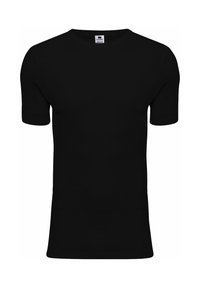 Sort kortærmet t-shirt lavet af bomuld, med rund halsudskæring og en glat tekstur. Ingen synlige mønstre eller hardware detaljer.