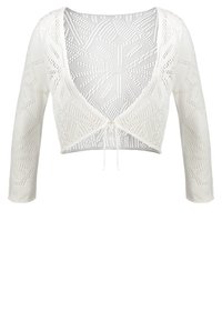 Kort vit stickad cardigan med V-ringning, långa ärmar och en intrikat mönster med öppna maskor samt en knytning framtill för stängning.