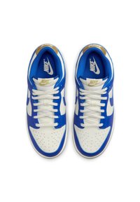 Blue and white Nike sneaker featuring a smooth leather upper, perforated toe box, white laces, and a gold-accented logo on the tongue.
