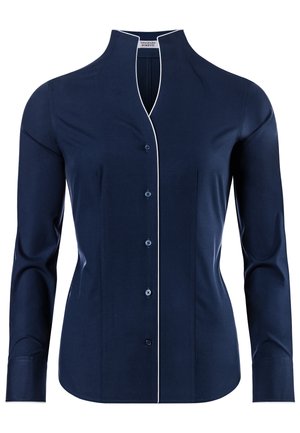 Camicia a maniche lunghe blu navy con colletto alto, chiusura con bottoni frontale, dettagli in piping bianco lungo il colletto e i polsini, e texture del tessuto liscia.