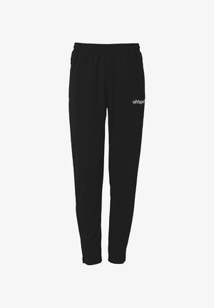 Zwarte joggingbroek van zachte stof, met een elastische tailleband en een slim fit. Een wit "uhlsport" logo is op de zijkant gedrukt.