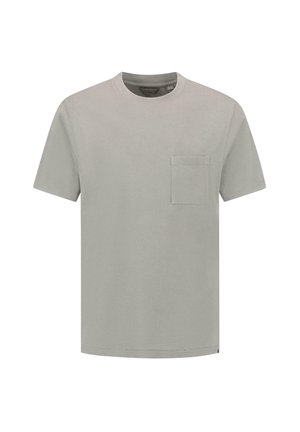 T-shirt en coton gris clair avec un col rond, des manches courtes et une poche poitrine. Texture lisse et coupe droite.