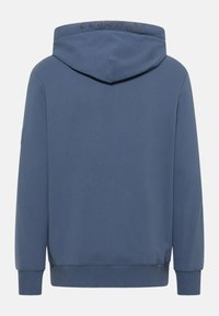 Hooded sweatshirt in muted blue fabric, featuring a simple design, ribbed cuffs, and logo detail at the back of the collar.