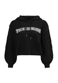 Schwarzer, kurz geschnittener Hoodie aus strukturiertem Strickstoff, mit Kordelzugkapuze, gerippten Bündchen und Zopfmuster-Akzenten an den Ärmeln. "TRUE RELIGION"-Logo in Weiß aufgedruckt.