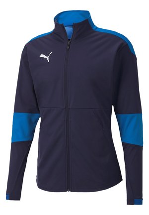 Marineblaue Sportjacke mit hohem Kragen, durchgehendem Reißverschluss und blauen Seitenelementen. Mit einem weißen Logo auf der Brust und strukturiertem Material.