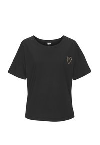 Schwarzes T-Shirt mit kurzen Ärmeln aus Baumwolle, mit rundem Ausschnitt und einem Leopardenmuster-Herzdetail auf der linken Brustseite.