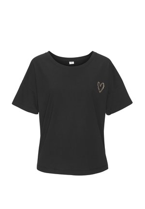 Črna kratka majica z rokavi iz bombaža, s krožnim izrezom in podrobnostjo v obliki srca z leopardjim vzorcem na levem prsnem delu.