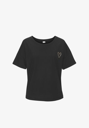 Črna kratka majica z rokavi iz bombaža, s krožnim izrezom in podrobnostjo v obliki srca z leopardjim vzorcem na levem prsnem delu.