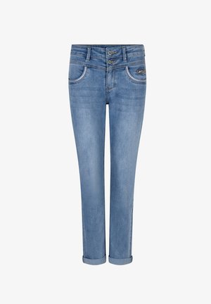 Lyseblå denimjeans med dobbelt knaplukning, forlommer inklusive en lynlåslomme til mønter og opkørte bukseben.