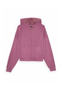 Sudadera corta rosa con cremallera frontal, capucha grande y dos bolsillos laterales. Hecha de un tejido suave con una textura lisa y un ajuste relajado.