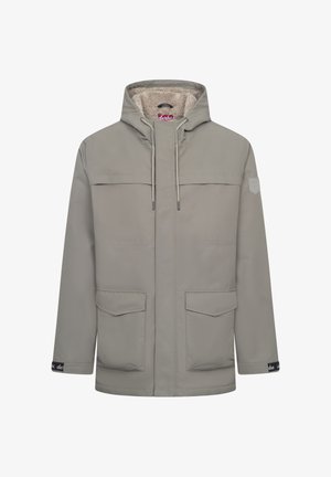 Hellgraue Parkajacke mit einer fleecegefütterten Kapuze, Fronttaschen und verstellbaren Kordeln. Mit einem Logopatch auf der Schulter.