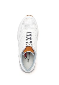 White sneaker with perforated upper, gray accents, and brown suede heel tab. Features a round toe, white laces, and patterned sole.