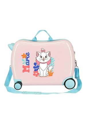 Maleta rosa para niños con asas y ruedas azules, con un dibujo animado de un gato blanco con un lazo y decoraciones florales coloridas.